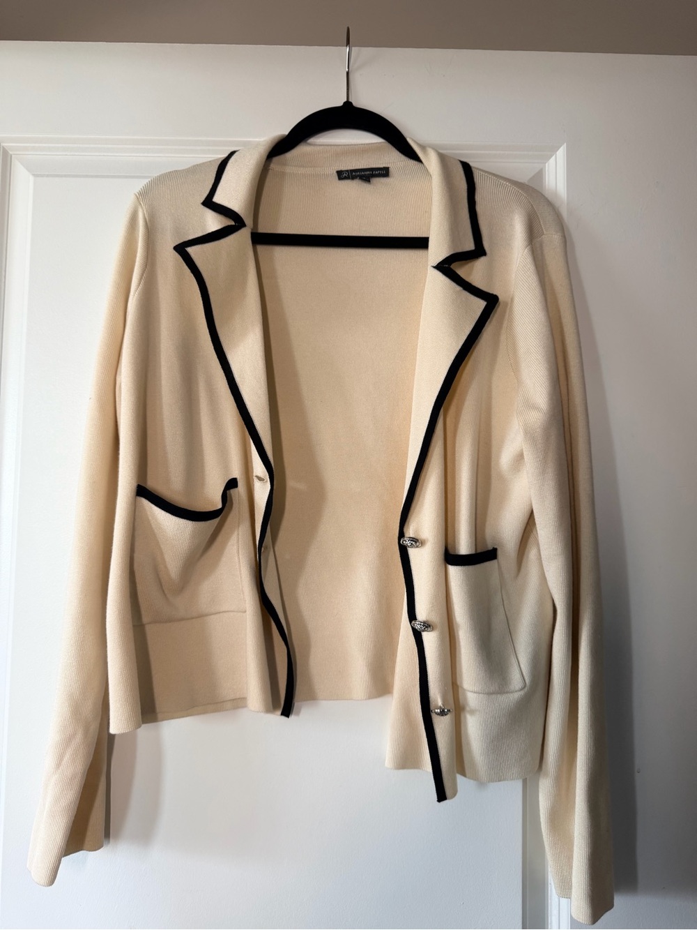 Women’s Cream Knit Blazer CARDIGAN with Black Trim